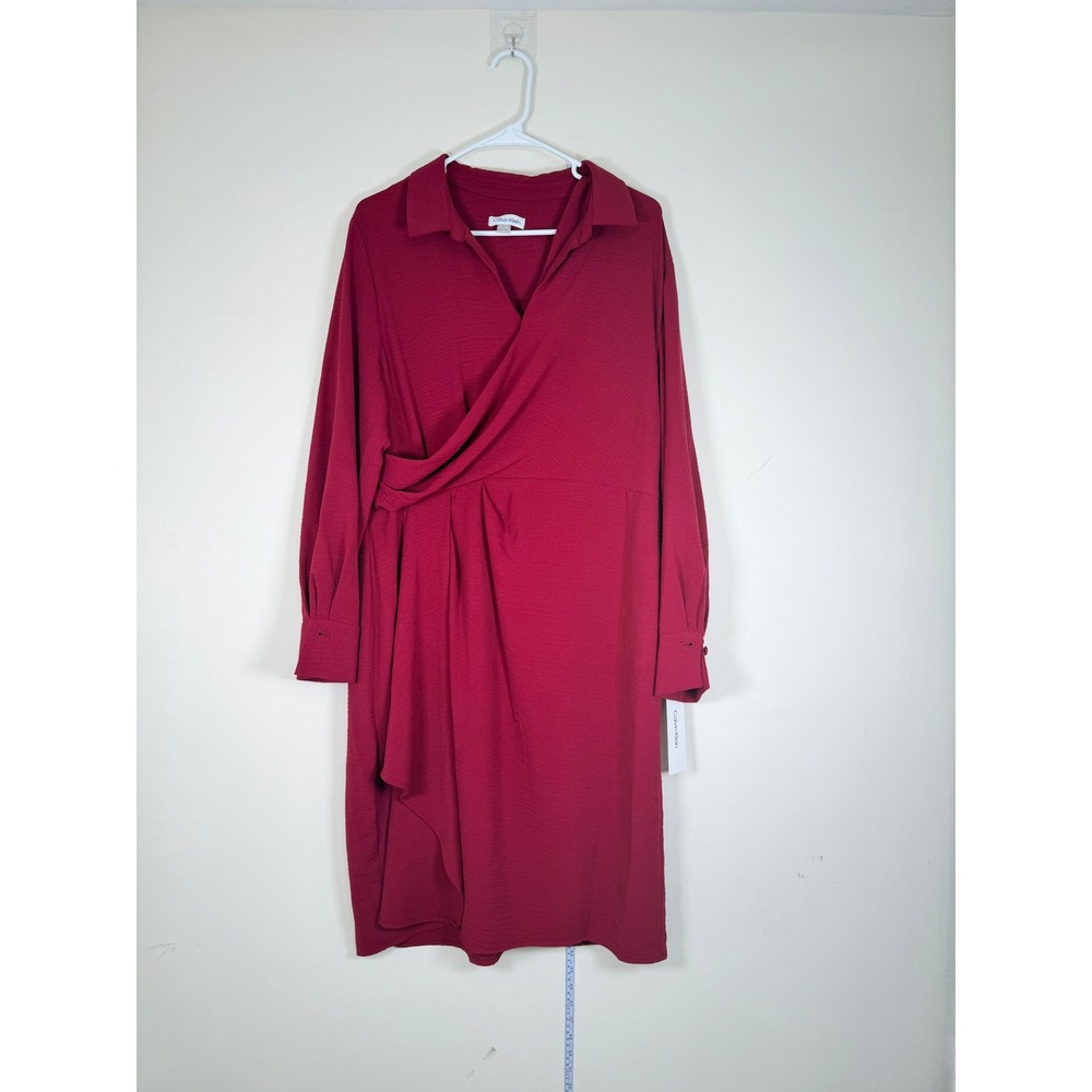 Calvin Klein Faux Wrap Dress Women 14 NEW Plum Long Sleeve Collared MSRP $134